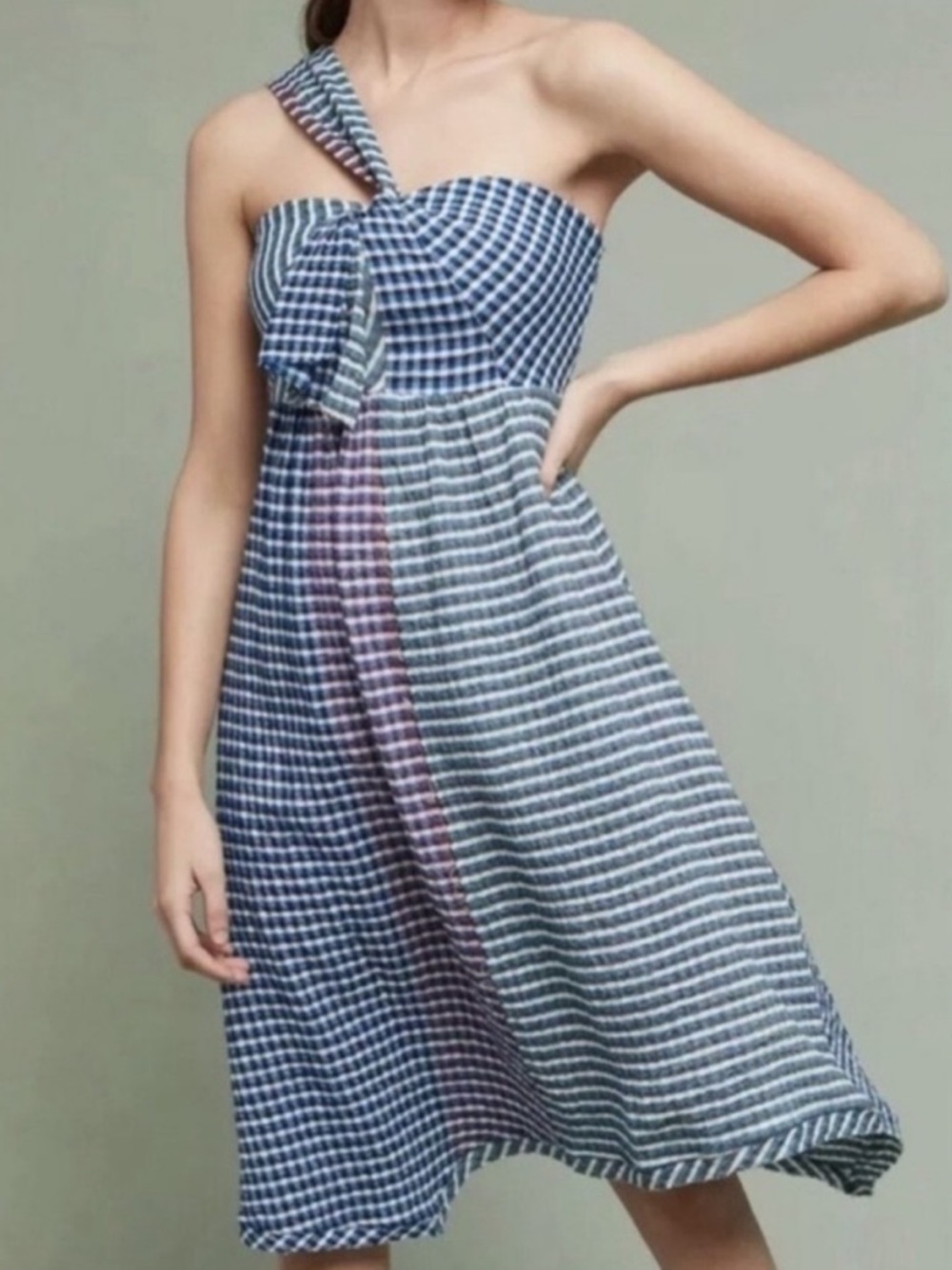 Anthropologie Maeve One Shoulder Plaid Dress Size US 2